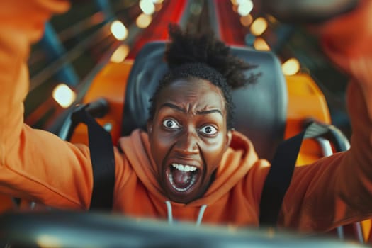 Front view of afro american woman screaming and enjoying on Roller Coaster.
