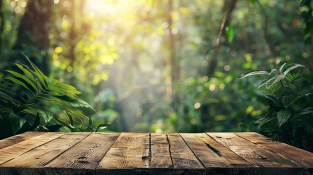 Empty wooden table in blurred garden open forest background with copy space. Sustainability concept.