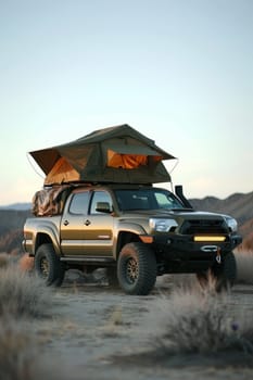 An SUV with a tent on the roof in the wild. Traveling by car.