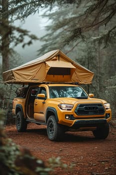 An SUV with a tent on the roof in the wild. Traveling by car.