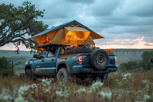 An SUV with a tent on the roof in the wild. Traveling by car.