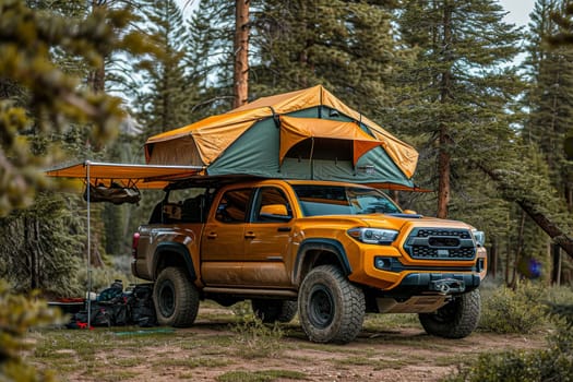 An SUV with a tent on the roof in the wild. Traveling by car.