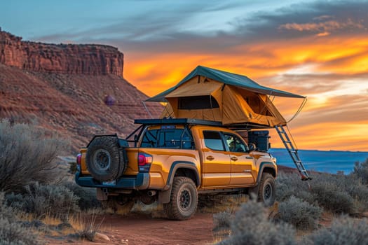 An SUV with a tent on the roof in the wild. Traveling by car.