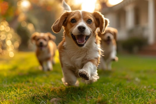 Running beagle dogs run on the green grass in summer.