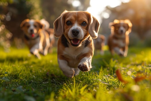 Running beagle dogs run on the green grass in summer.