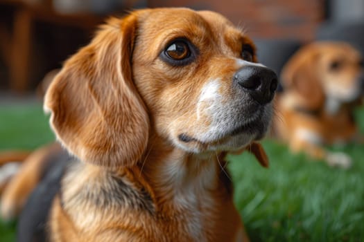 Portrait of a beagle dog in summer on a green lawn.