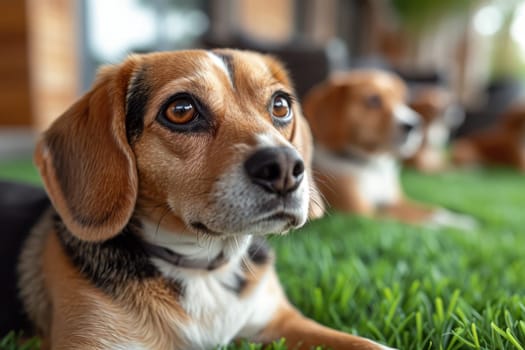 Portrait of a beagle dog in summer on a green lawn.