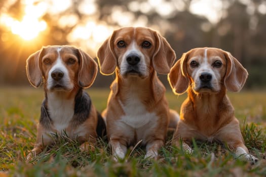 Portrait of a beagle dog in summer on a green lawn.