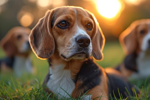 Portrait of a beagle dog in summer on a green lawn.