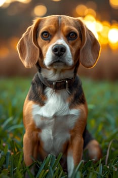 Portrait of a beagle dog in summer on a green lawn.