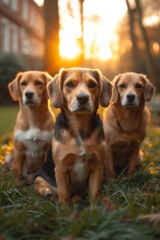 Portrait of a beagle dog in summer on a green lawn.