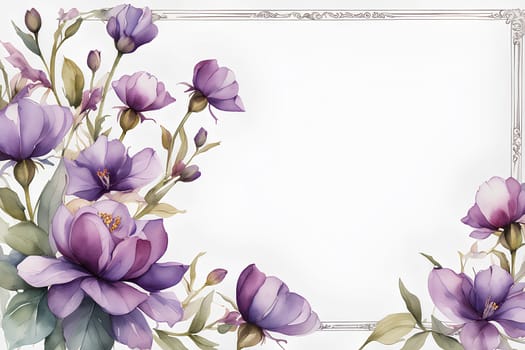 Framing purple flowers on white background with copy space watercolor illustration.