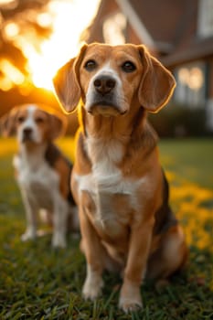 Portrait of a beagle dog in summer on a green lawn.