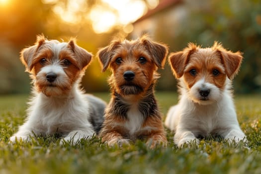 Portrait of a group of Jack Russell dogs in summer on a green lawn.