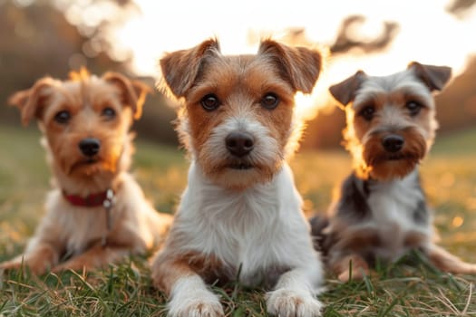 Portrait of a group of Jack Russell dogs in summer on a green lawn.