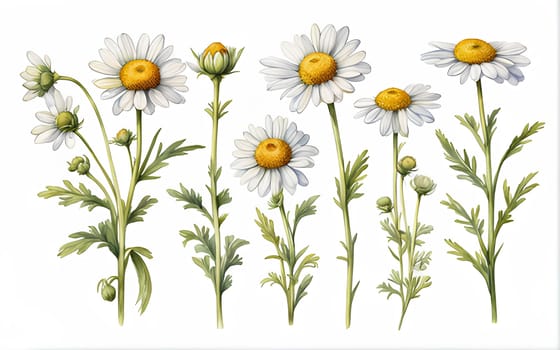 Set of chamomile flowers on white background, watercolor illustration