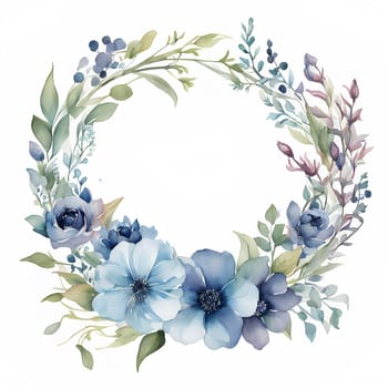 Watercolor flowers wreath in cold colors