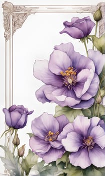 Framing purple flowers on white background with copy space; watercolor illustration.