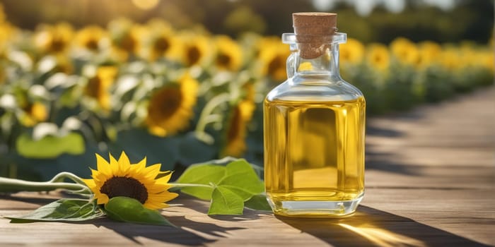Transparent bottle of oil stands on a wooden table on of a field of sunflowers at background.