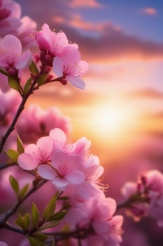 Branches with fresh pink flowers in full bloom against the sunset sky