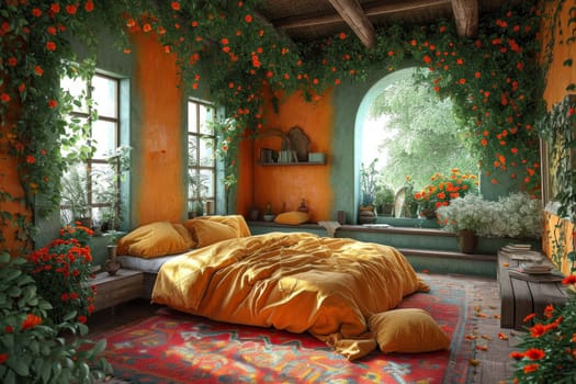 Creative interior of a bedroom in a country house.