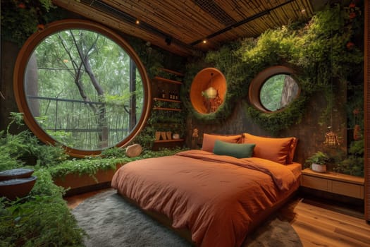 Creative interior of a bedroom in a country house.