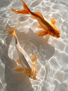 Two goldfish gracefully swim in a pool of liquid, showcasing their colorful fins and tails. This serene scene captures the beauty of marine biology