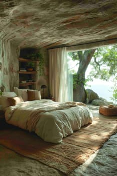 Creative interior of a bedroom in a country house.