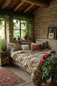 Creative interior of a bedroom in a country house.