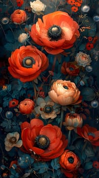 A beautiful painting depicting red and white flowers set against a dark background, showcasing the vibrant colors of nature in contrast with the azure backdrop