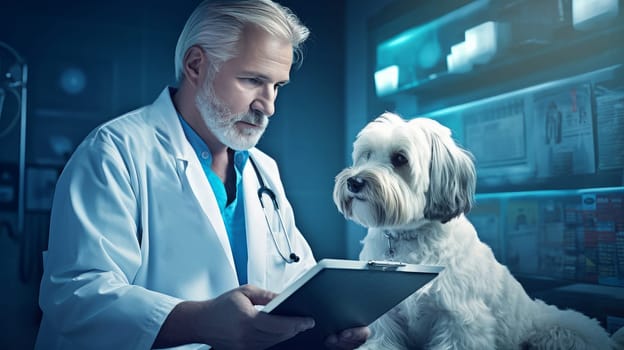 An elderly veterinarian with gray hair looks at a tablet and a ginger dog sits on the table in the clinic. Concept of care and care for pets.
