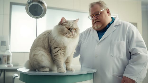 A large, fat, obese cat at a veterinarian's appointment in a clinic. Concept of care and concern for pets and obesity.