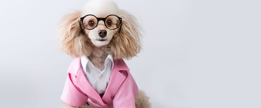 A dog wearing glasses, a stethoscope and a pink doctor's suit on a white background. Pet care and grooming concept. Banner