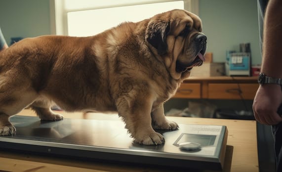 A large, fat, obese dog at a veterinarian's appointment in a clinic. Concept of care and concern for pets and obesity.