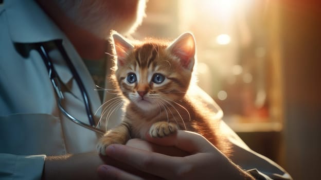 A small kitten is examined by a veterinarian doctor in a clinic with sun rays from the windows, close-up. Concept of caring for and caring for pets.