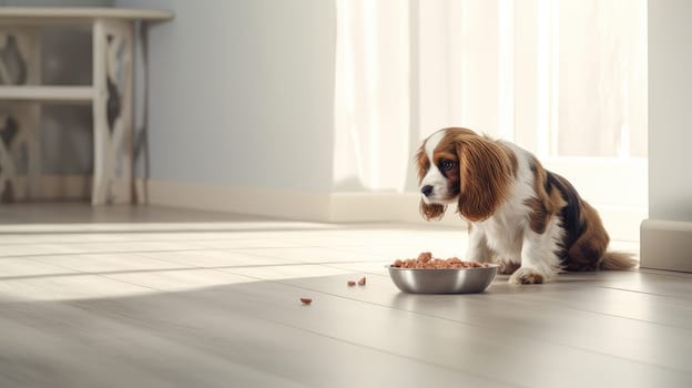 A young dog eats food from a bowl in a bright room. Concept of care and concern for pets.