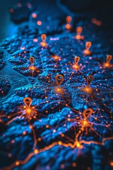 Macro photography of placemarks over the main capitals of the European continent. A map of Europe in neon light with markers. 3d illustration.