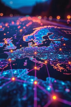 Macro photography of placemarks over the main capitals of the European continent. A map of Europe in neon light with markers. 3d illustration.