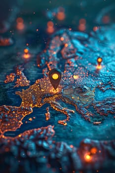 Macro photography of placemarks over the main capitals of the European continent. A map of Europe in neon light with markers. 3d illustration.