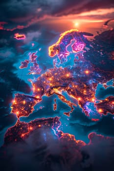 Macro photography of placemarks over the main capitals of the European continent. A map of Europe in neon light with markers. 3d illustration.