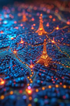 Macro photography of placemarks over the main capitals of the European continent. A map of Europe in neon light with markers. 3d illustration.