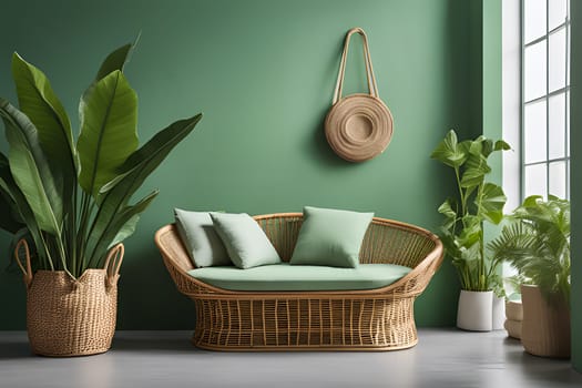 Rattan sofa with light green cushions, wicker basket and big plants against green wall with shelf. Scandinavian interior design of modern living room