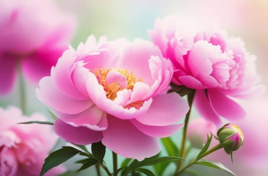Illustration of blooming pink peonies peonies on a spring morning. AI generated.