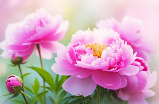 Illustration of blooming pink peonies peonies on a spring morning. AI generated.