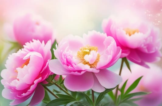 Illustration of blooming pink peonies peonies on a spring morning. AI generated.