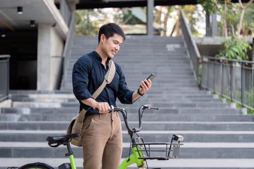 Businessman and bicycle in city to work with eco friendly transport. bike and happy businessman professional talking, speaking and telephone discussion while on in urban street.