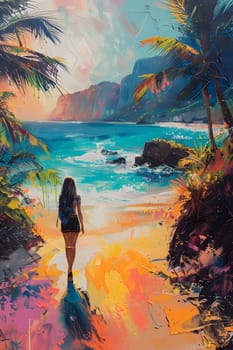 A beautiful painting depicting a woman strolling along the beach at dusk, with a colorful sky reflecting in the water and a peaceful natural landscape surrounding her