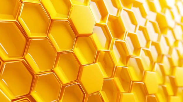 Close-up of vibrant golden honeycomb pattern with repeating hexagon geometric structure and seamless 3d render