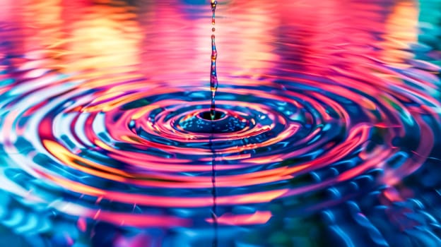 Close-up of a water droplet creating ripples on a multicolored liquid surface