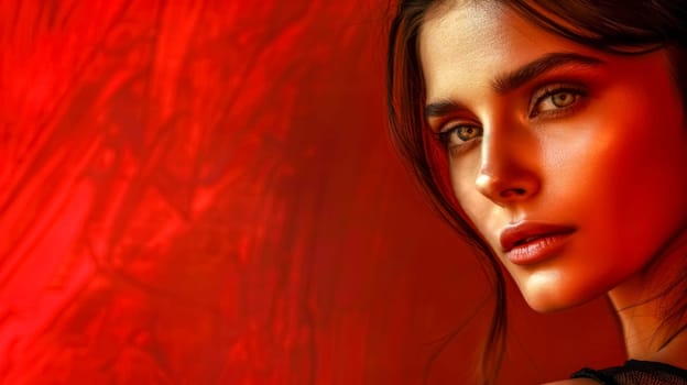 Close-up of a woman with captivating eyes against a red backdrop